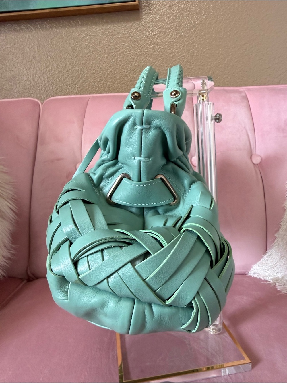 💯Auth! Salvatore Ferragamo Sofia Green Woven Leather Top-Handle Bag Gunmetal HW - Picture 4 of 14